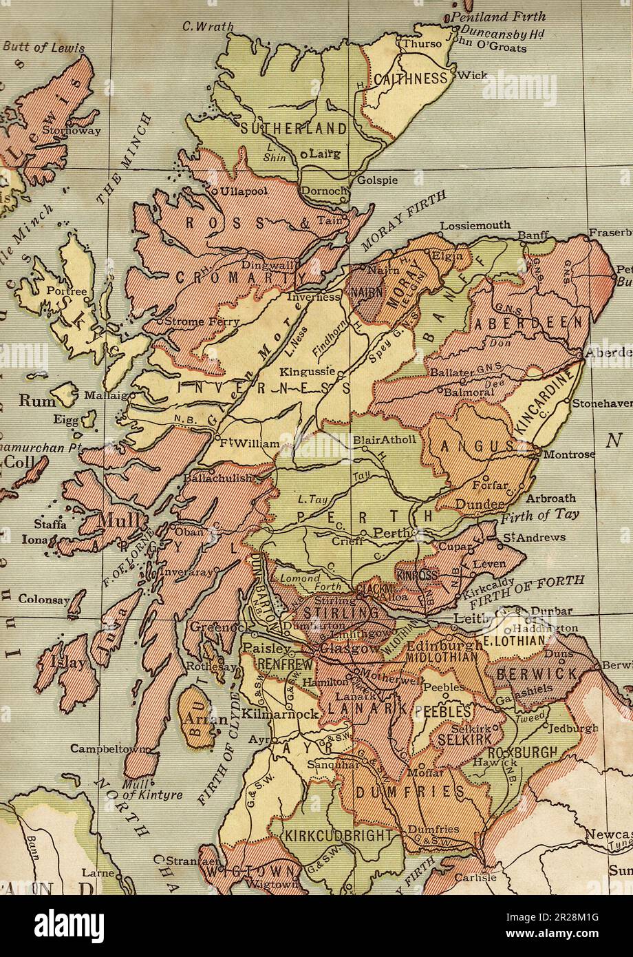 Alte politische Karte von Schottland in Sepia. Stockfoto