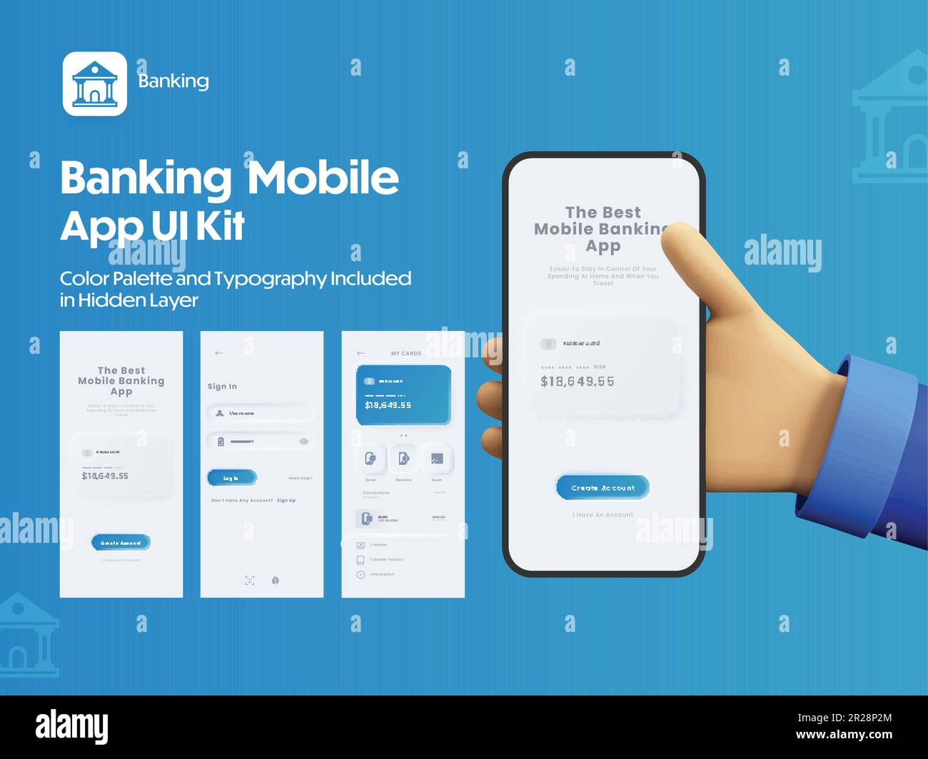 Benutzeroberfläche, UX und GUI der Mobile Banking-App, einschließlich als Konto erstellen, Anmeldung, Karte, Transaktionsservice. Stock Vektor