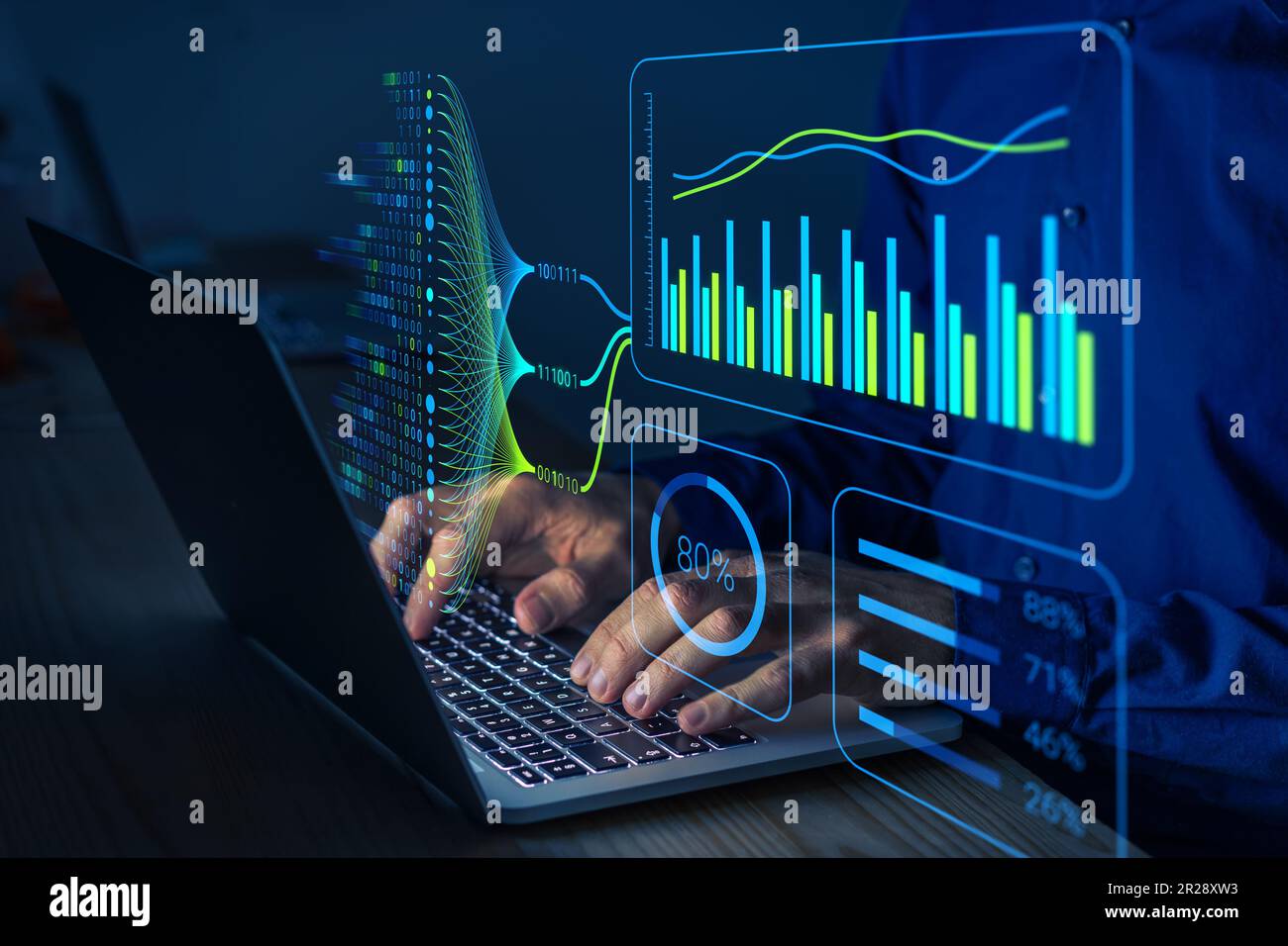 Datenanalysen und -Erkenntnisse auf der Grundlage von Big Data und Technologien für künstliche Intelligenz. Datenwissenschaftler, der mit komplexen Informationen arbeitet, die von analysiert werden Stockfoto