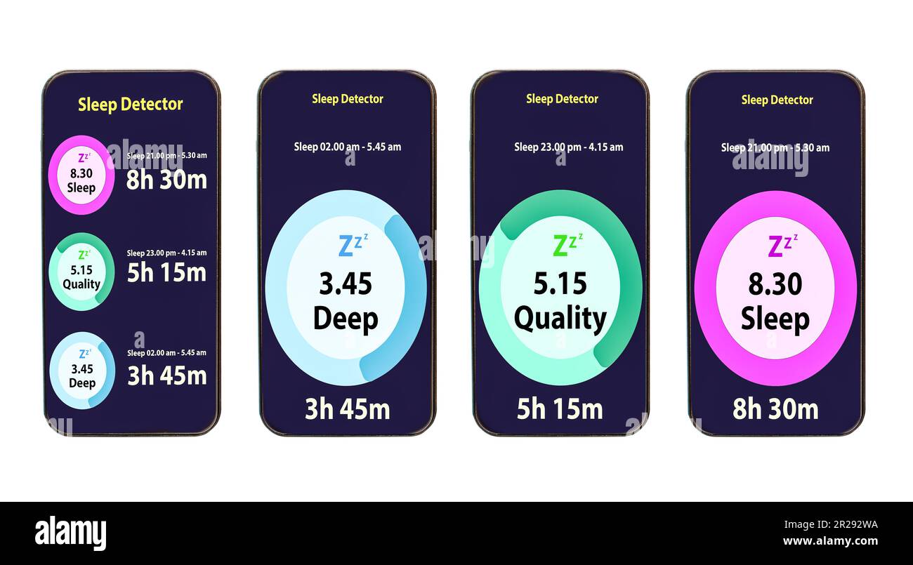Smartphones verfügen über einen Monitor für die Schlaffunktion. Der Bildschirm des mobilen Geräts überwacht den Zustand. Konzept des Einsatzes von Technologie zur Gesundheitsfürsorge durch den Einsatz von Stockfoto