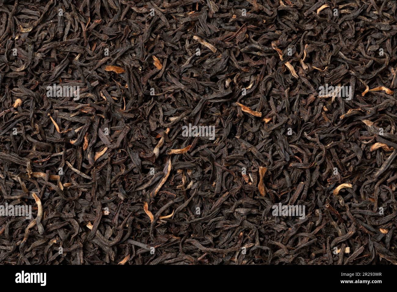 Der getrocknete Nonaipara Assam Tee hinterlässt eine Nahaufnahme des gesamten Bildes als Hintergrund Stockfoto