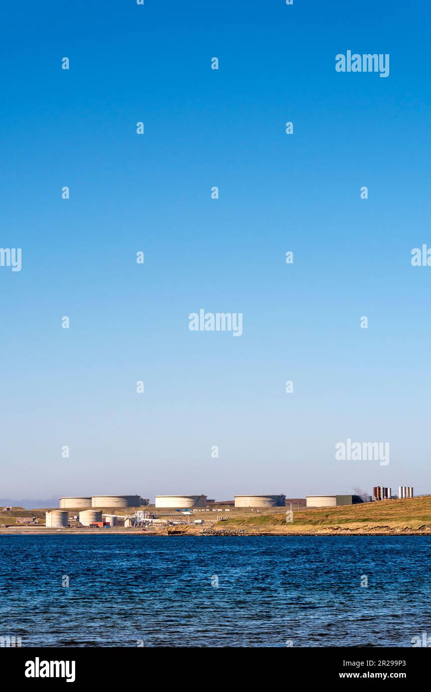 Sullom Voe Oil Terminal auf Shetland Festland. Stockfoto
