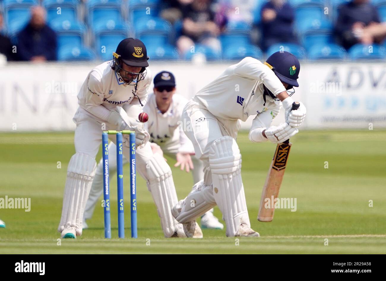 Sussex Wicketkeeper Oli Carter nimmt einen Fang ein, um Glamorgans Zain-ul-Hassan vom Bowling von Tom Haines (nicht abgebildet) am ersten Tag des LV= Insurance County Championship-Spiels auf dem Central County Ground, Hove, 1. zu entlassen. Foto: Donnerstag, 18. Mai 2023. Stockfoto