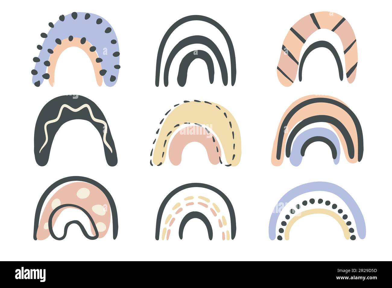 Regenbogensymbole, niedliches, von Hand gezeichnetes Symbolset, Piktogramm mit kritzelschwarzem Pinselstrich, dekorativer Zeichentrickfilm, kindischer Stil, pastellfarbener Bogo Stock Vektor