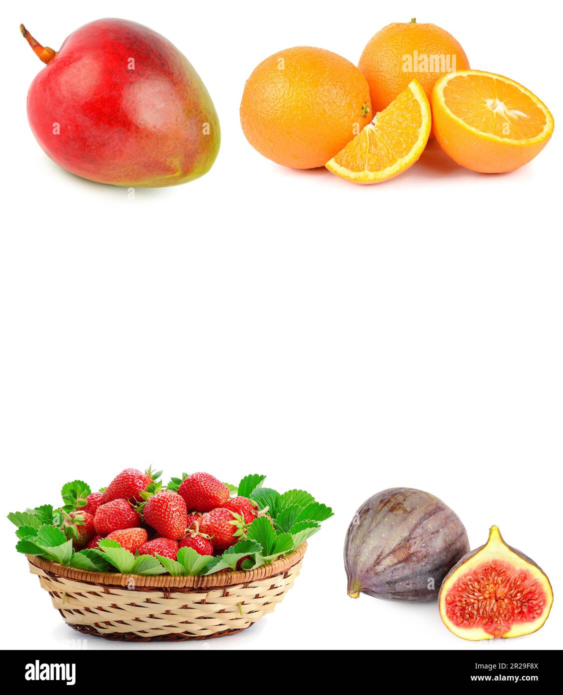 Köstliche Früchte, isoliert auf weißem Hintergrund. Collage. Es ist Platz für Text vorhanden. Stockfoto