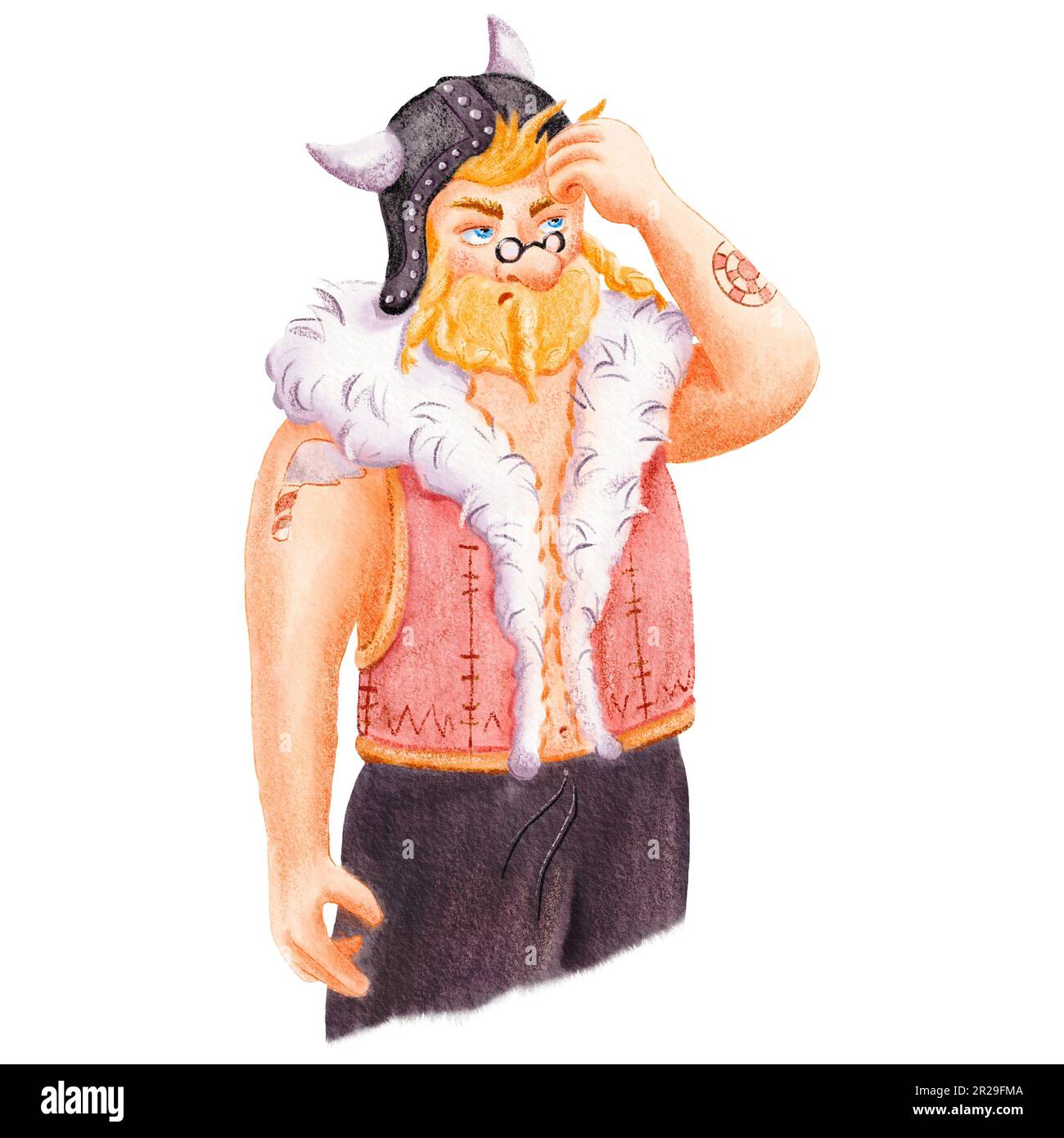 Ungewöhnliche Cartoon-Aquarell-Illustration eines alten skandinavischen Wikingers. Porträt eines verwirrten Mannes in Brille und Pelzweste. Witzig skandinavisch süß Stockfoto