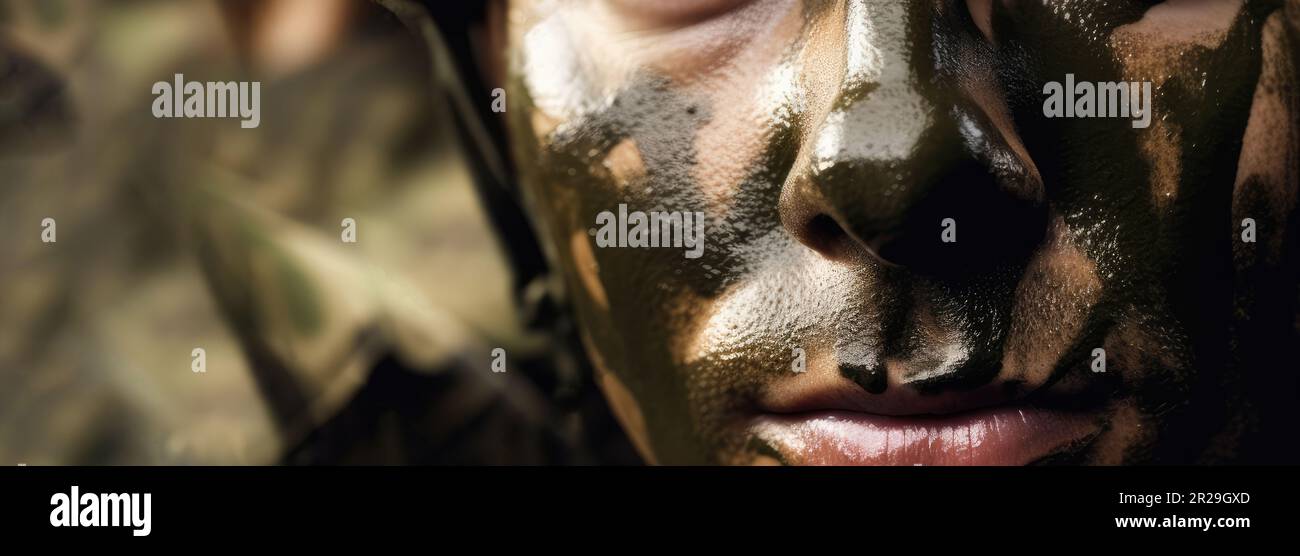 Militärsoldat mit Tarnfarbe im Gesicht. Rekrutierung von Armee oder Nationalgarde. Banner mit Kopierbereich Stockfoto