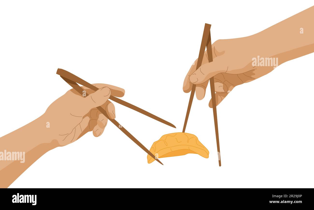 Hände mit Essstäbchen reichen bis zu den Gyoza-Knödeln. Michelangelos Fresko-Schöpfung des Adams-Motivs. Göttliches asiatisches Essenskonzept. Kreatives Poster für Werbung, Webdesign. Vektordarstellung. Stock Vektor