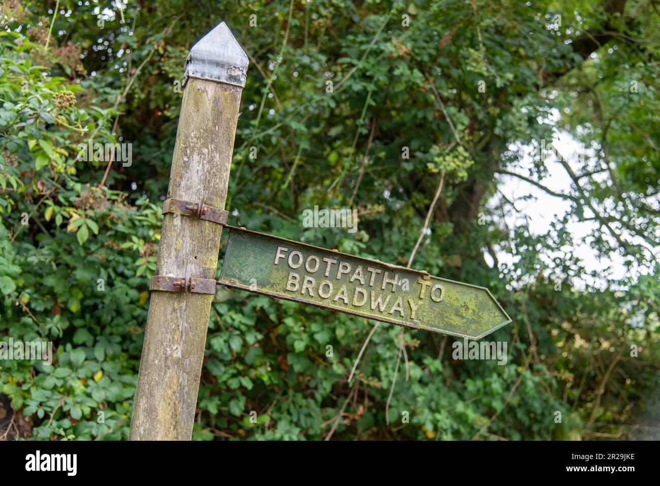 Nahaufnahme eines schiefen Holzmasts mit einem Schild, das den Fußweg zum Broadway, Cotswolds, Großbritannien inmitten von grünen Bäumen und Büschen anzeigt Stockfoto