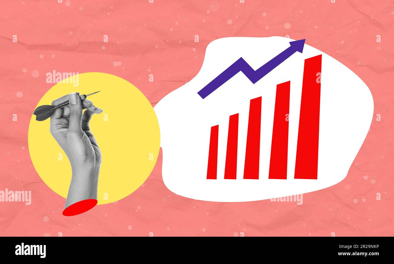 Collage Zeitgenössische Kunst. Kreatives Design. Handgeworfener Pfeil, Anlagegrafik auf pinkfarbenem Hintergrund. Finanzielle Unabhängigkeit und Wirtschaft. Stockfoto
