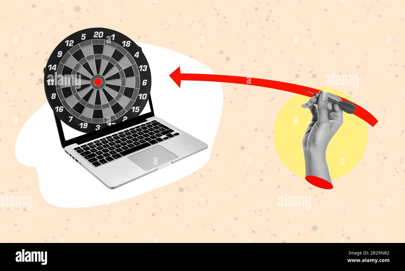 Geschäftsmann, der einen Pfeil hält, der auf das Ziel abzielt - Geschäftsziel, Zielorientierung, Fokuskonzept. Kunstcollage. Stockfoto