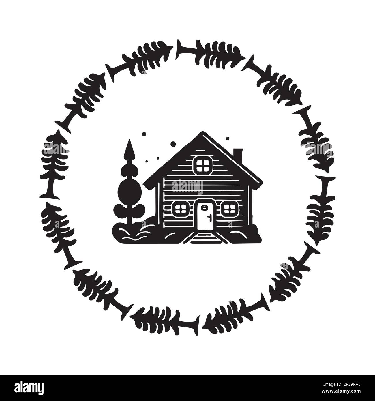 Holzkabine in scandi Linocut-Vektordarstellung. Alpenhütte im Landurlaub Dorf Cartoon. Stock Vektor