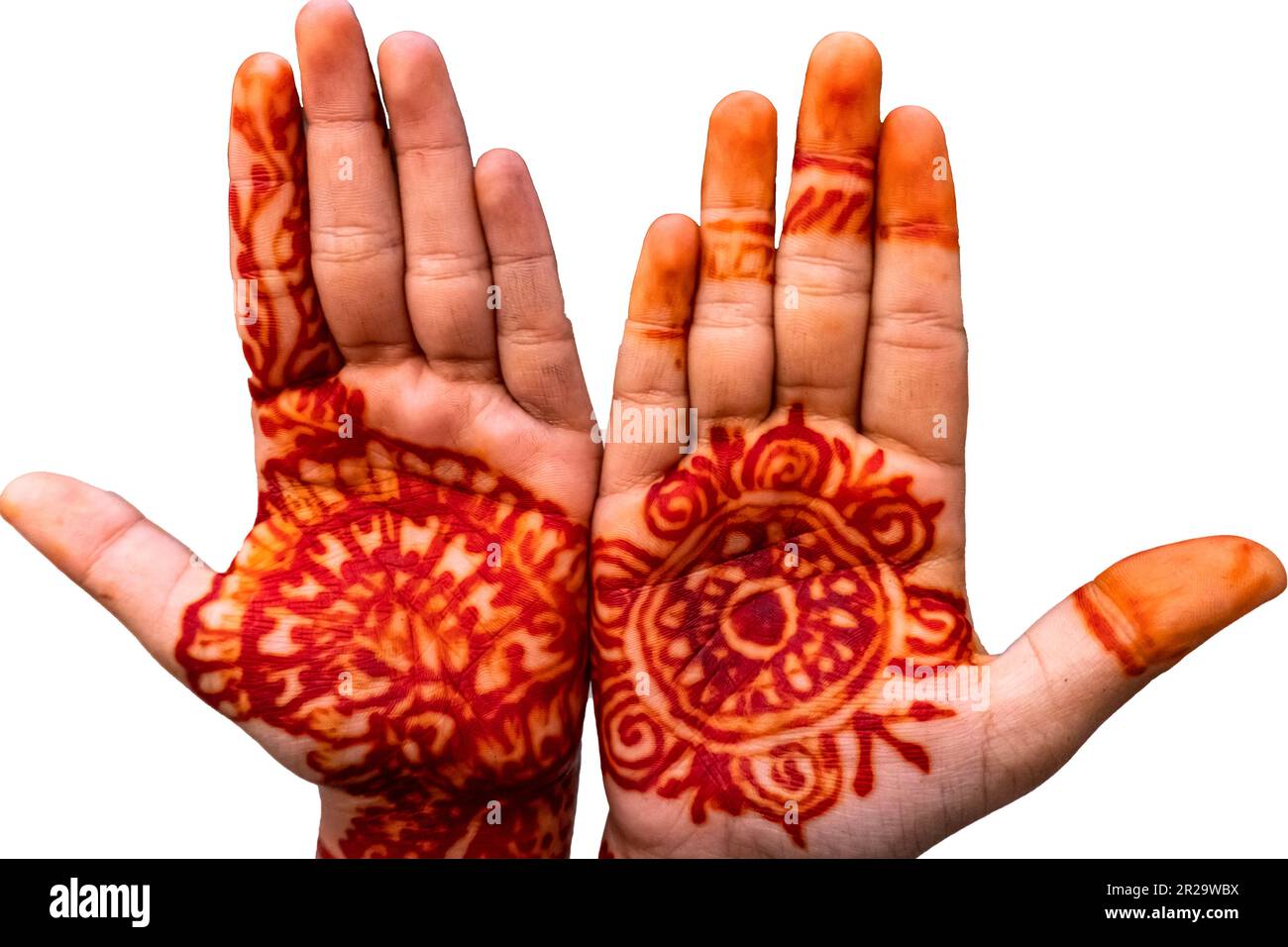 Mehndi Master malt Henna-Tattoo auf weiblicher Hand isoliert auf weißem Hintergrund mit Beschneidungspfad und Kopierbereich Stockfoto