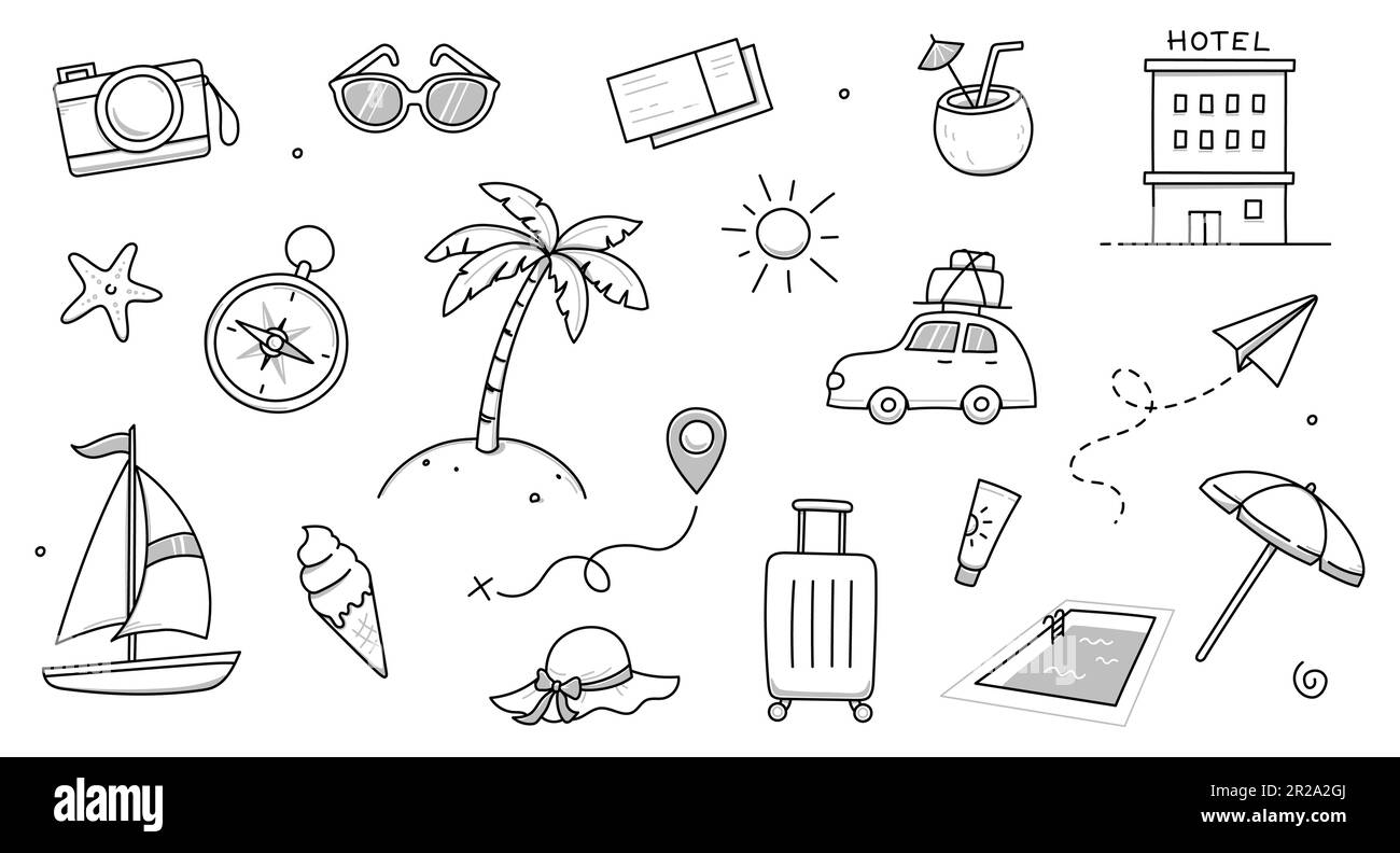 Sommerurlaube gezeichnet. Handgezeichnete Skizze im Doodle-Stil Sommerreise, Urlaubshintergrund. Sonne, Reisetasche, Strandzelt-Doodle-Element. Lustige touristische Vektordarstellung. Stock Vektor