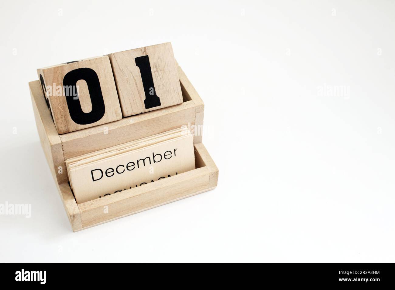 Ewiger Kalender aus Holz mit dem 1. Dezember Stockfoto