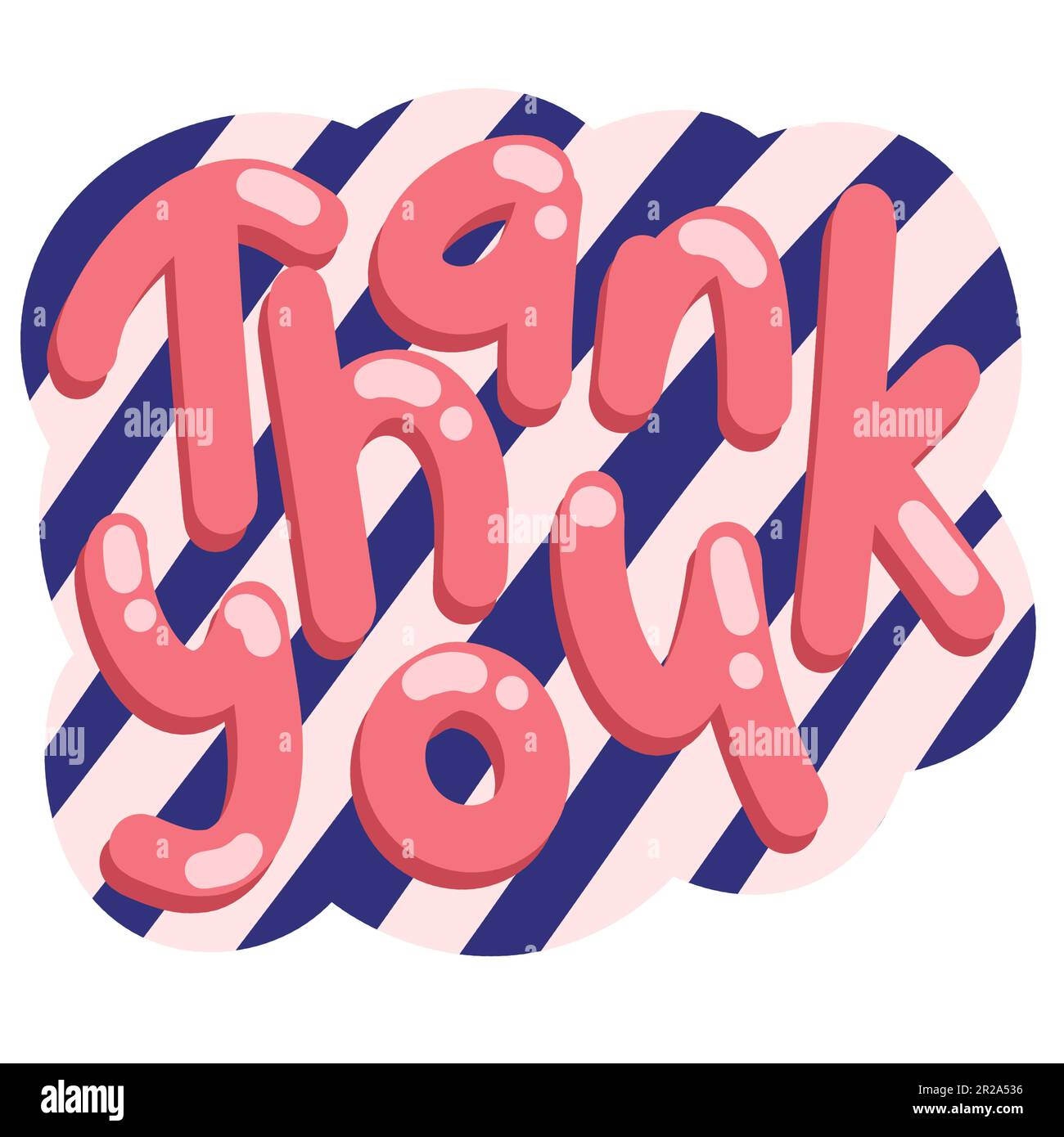 Handgezeichneter Illustrationsaufkleber mit pinkfarbenen marineblauen Streifen als Dankeskarte. Dankbares Symbol, Dankbarkeit-Design, farbenfroher Zeichentrickfilm helle Zeichnung, Blumenmotiv Stockfoto