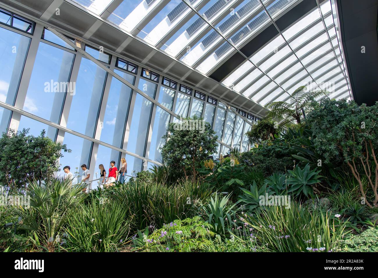 London, England - August 2022; Blick auf den Sky Garden des kommerziellen Wolkenkratzers in der Fenchurch Street 20 mit dem Spitznamen Walkie-Talkie Stockfoto