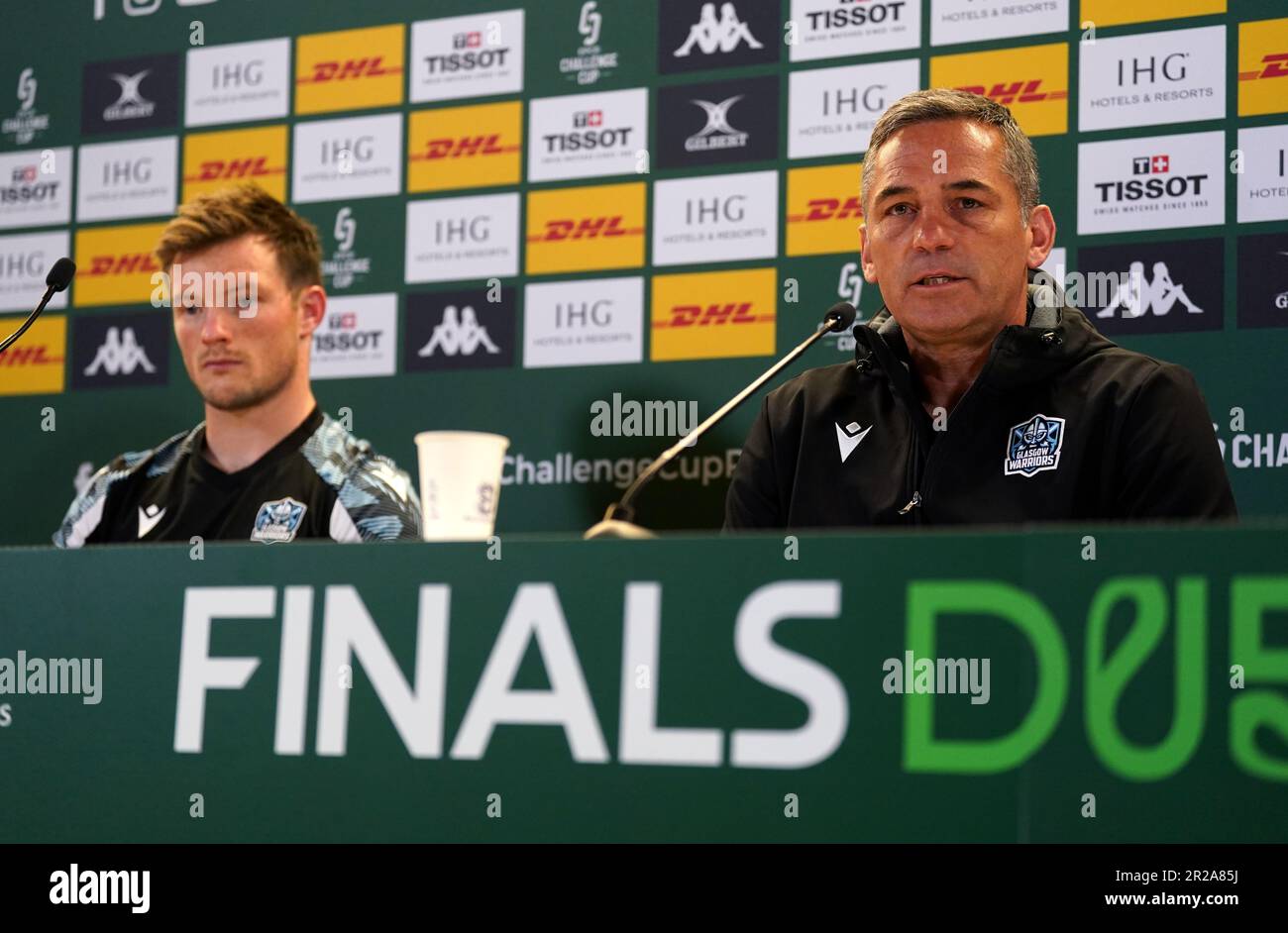 Glasgow Warriors Head Coach Franco Smith (rechts) mit George Horne während einer Pressekonferenz im Aviva Stadium in Dublin, Irland. Foto: Donnerstag, 18. Mai 2023. Stockfoto