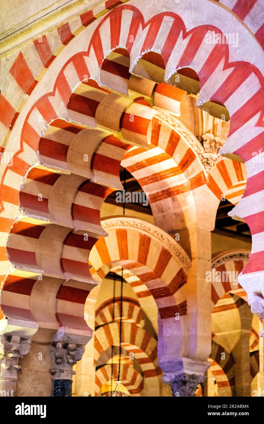 Spanien, Cordoba, Mezquita, auch bekannt als die große Moschee von Cordoba. Innenausstattung mit maurischer Architektur Stockfoto