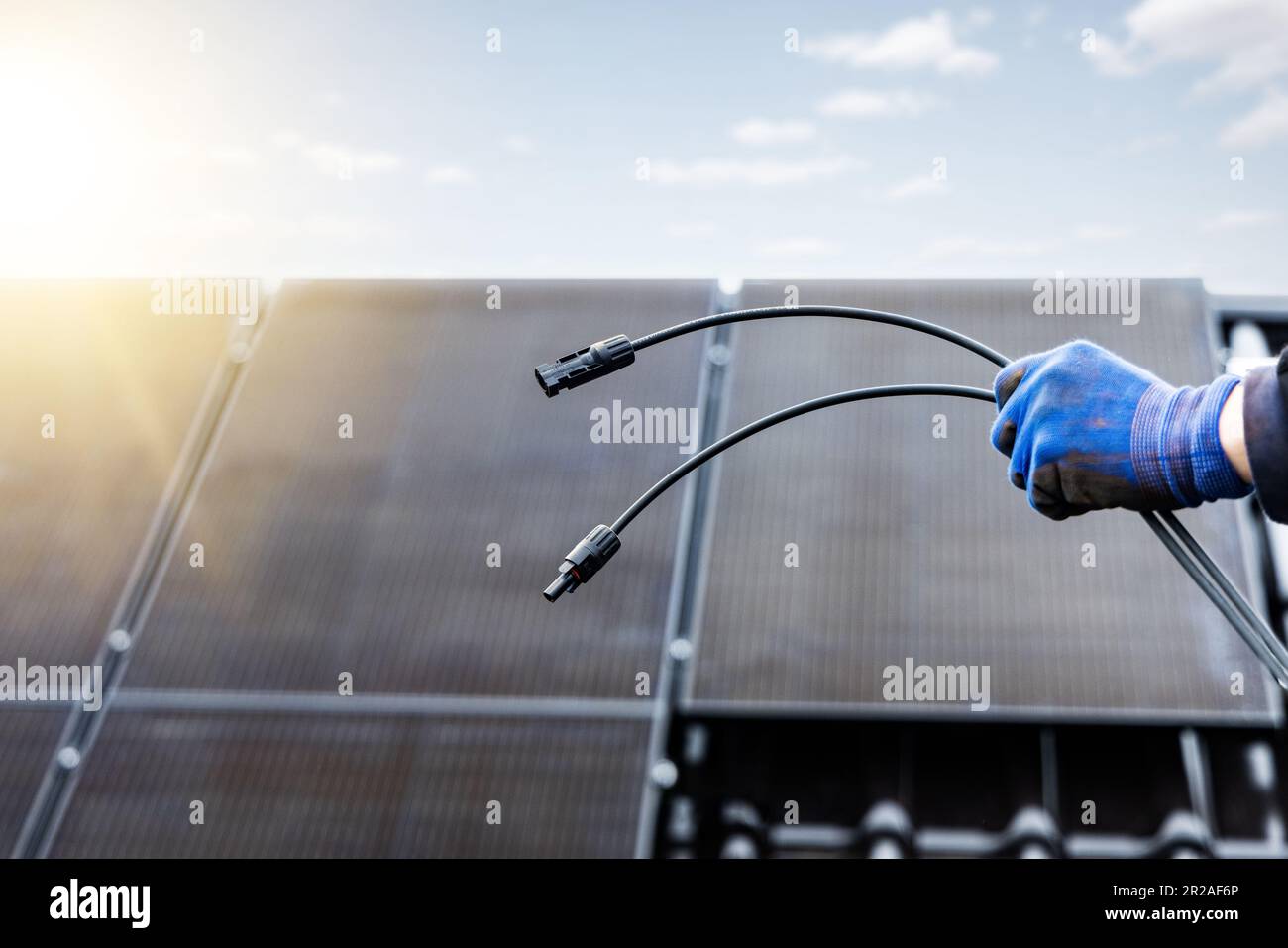 Solarkabel mit MC4-Steckverbindern, die von einer Hand gehalten werden Stockfoto