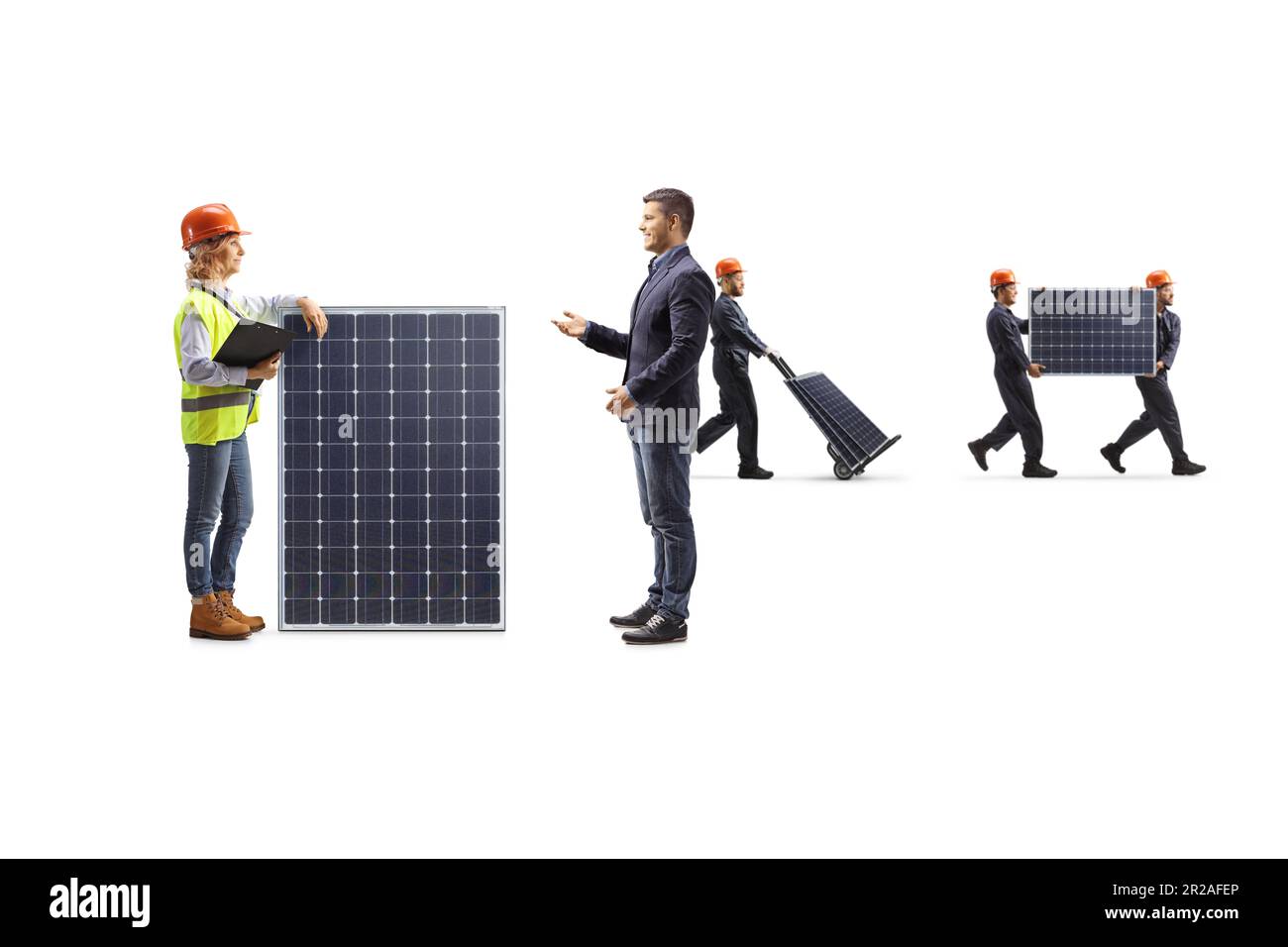 Ein Mann, der ein Solarmodul mit einer Ingenieurin bespricht, isoliert auf weißem Hintergrund Stockfoto