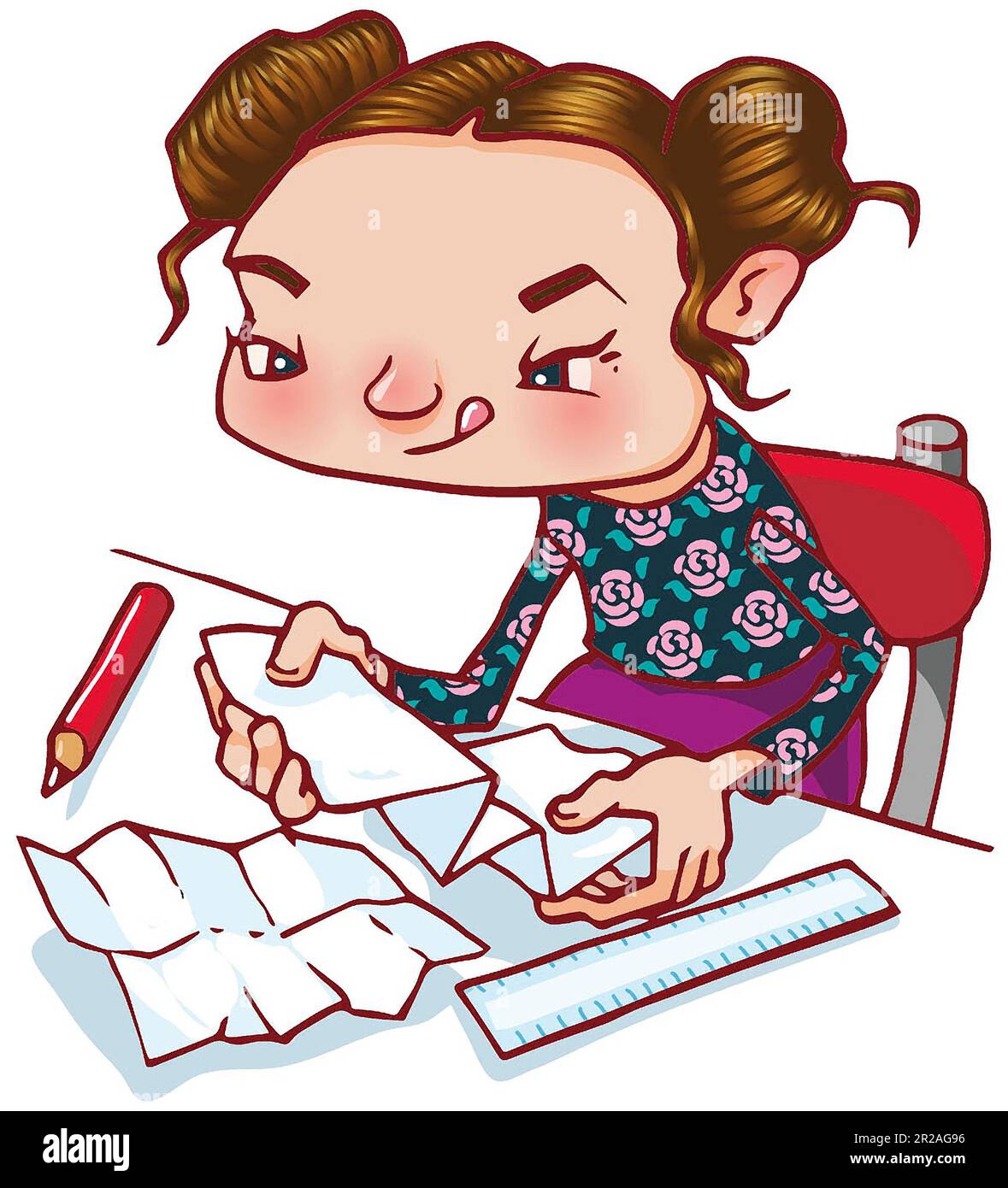 Kunstdarstellung eines jungen Mädchens mit Bleistift, Papier und Lineal, Papier, Papier, Falten, Kunst und Handwerk, Wissenschaft, Origami, Papierkunst. Stockfoto