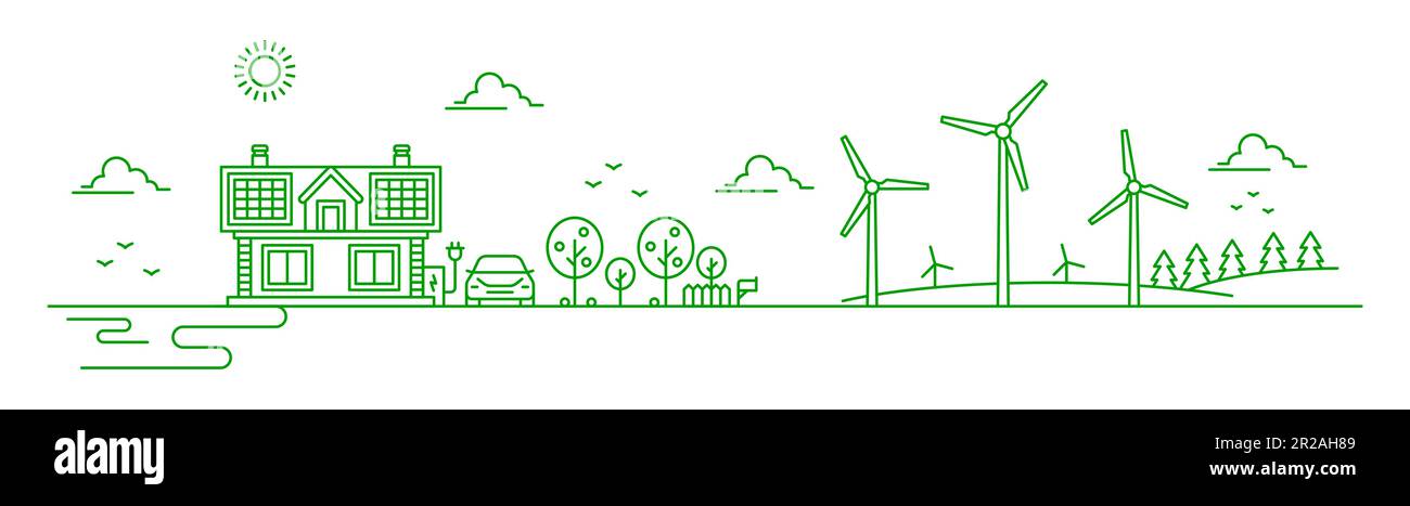 Umweltfreundliche Stadtlandschaft, Vektorumweltenergie, Ökologie und Umwelt. Dünnes Gebäude eines Dorfhauses mit grünen Bäumen, Sonnenkollektoren auf dem Dach und Elektroauto mit Ladegerät, Windturbine und klarem Himmel Stock Vektor
