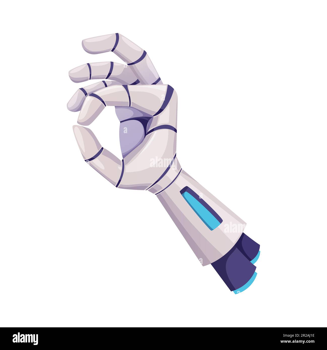 Die Roboterhand zeigt ein gutes Emoji-Zeichen. Der Vektor-Cyborg-Arm zeigt ja, zukünftige künstliche Cyborg-Droiden-mechanische Prothese Stock Vektor