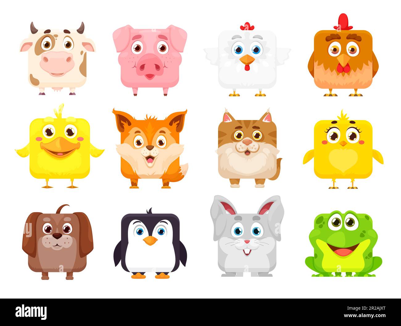 Kawaii-Karikatur-Tiergesichter von niedlichen Haustieren. Vector Kawaii lächelt Gesichter von Baby Katze, Kaninchen und Schwein, fröhliche Zeichentrickfiguren mit Lächeln, tun es Stock Vektor