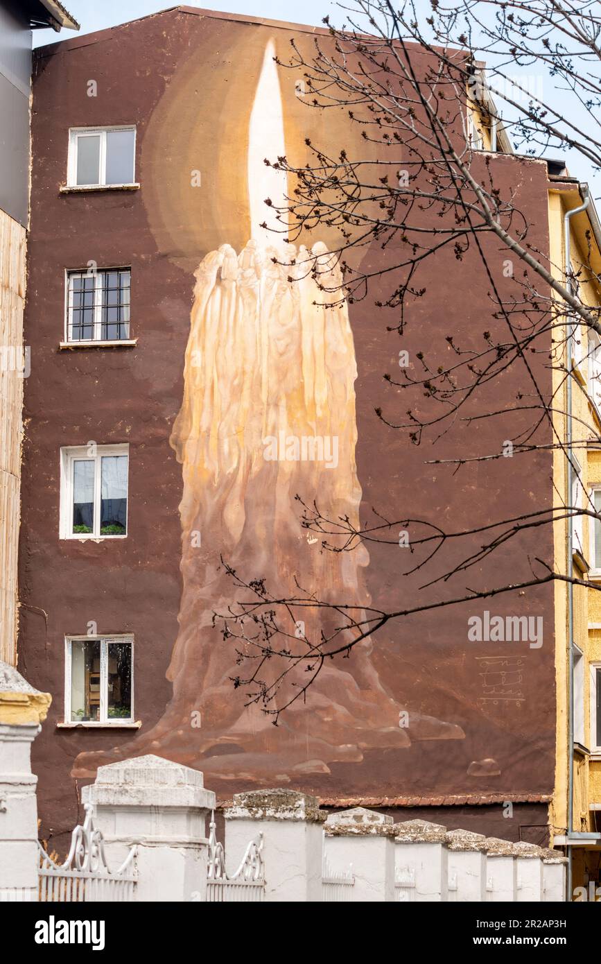 Brennendes Kerzengemälde auf Wohngebäude in Sofia, Bulgarien, Osteuropa, Balkan, EU Stockfoto