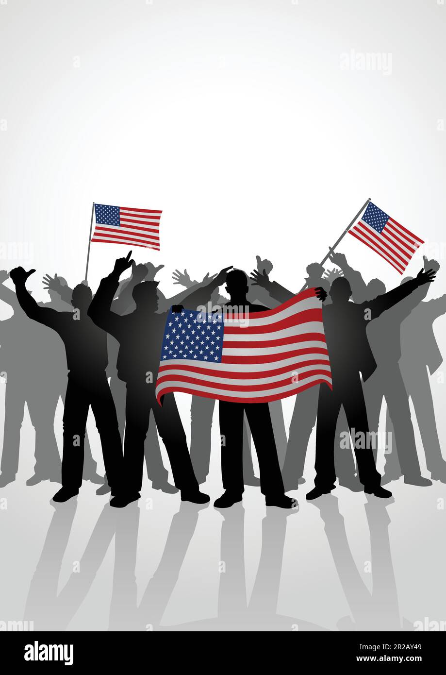 Silhouette der Menge der Menschen, die jubeln, während sie die Flagge Amerikas halten Stock Vektor