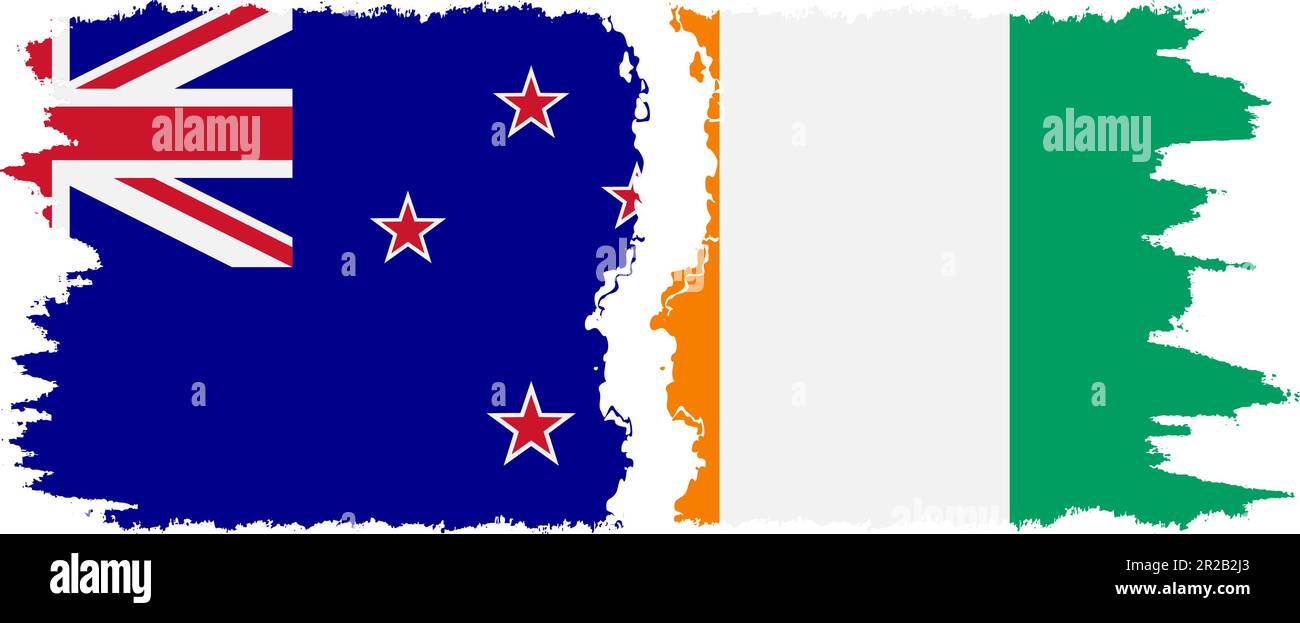 Elfenbeinküste und Neuseeland Grunge Flaggen Verbindung, Vektor Stock Vektor