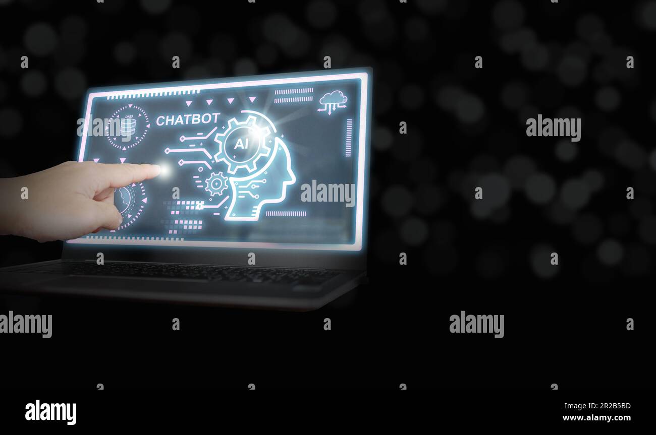 Der Finger aktiviert das Chatten mit einer intelligenten KI, einem großen Sprachmodell. Chatbot mit künstlicher Intelligenz. Zukunftsweisende Technologie, Unternehmen und Bildung Stockfoto