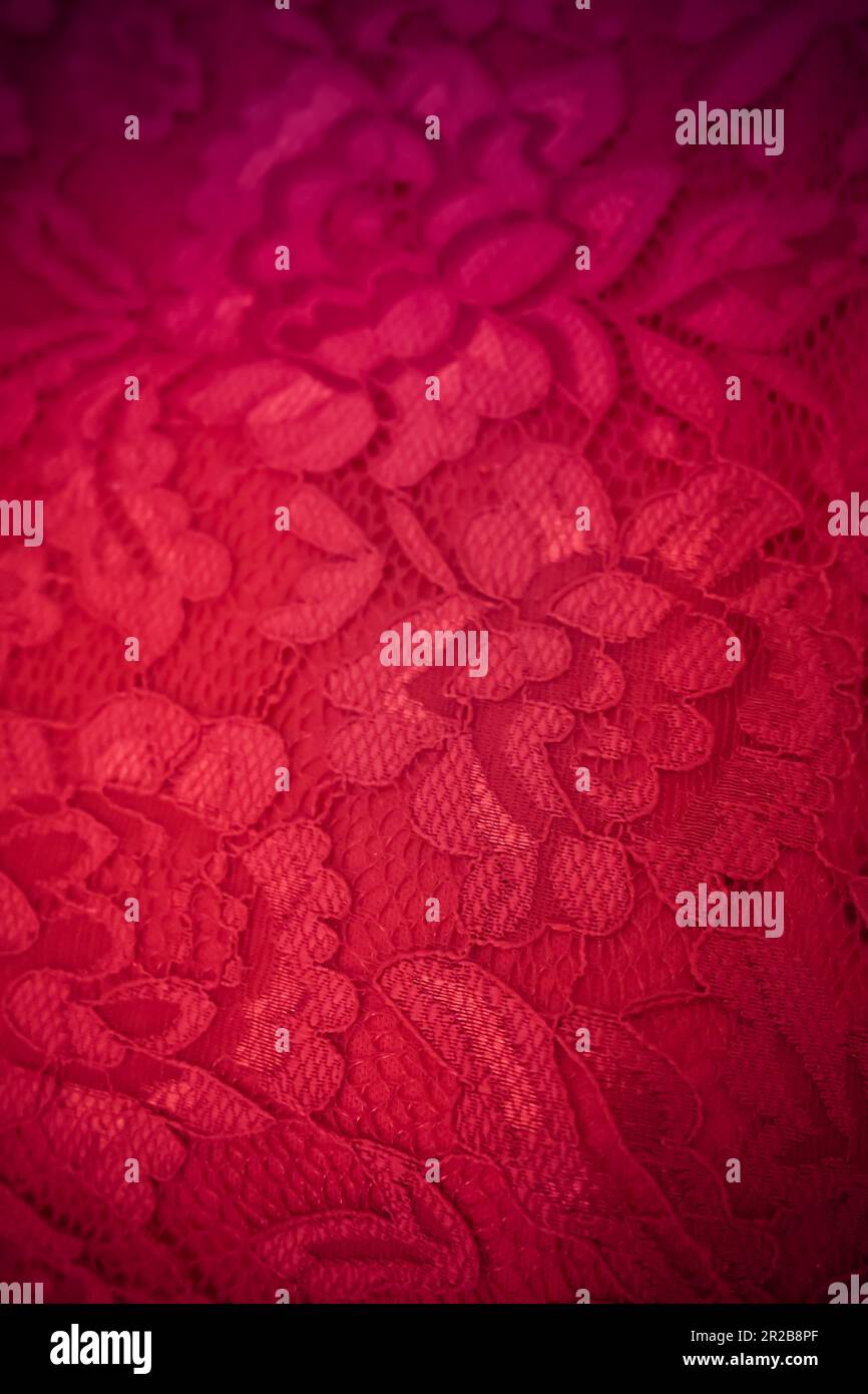 Die Textur auf dem Kleid ist exquisit und lädt sowohl die Augen als auch die Fingerspitzen ein, die komplexen Details zu erkunden. Zarte Spitze, glatte Seide Stockfoto