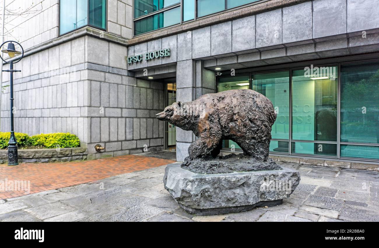 Die Skulptur eines Bären von Don Cronin vor dem Irish Financial Services Centre (IFSC) in Dublins Docklands. Stockfoto
