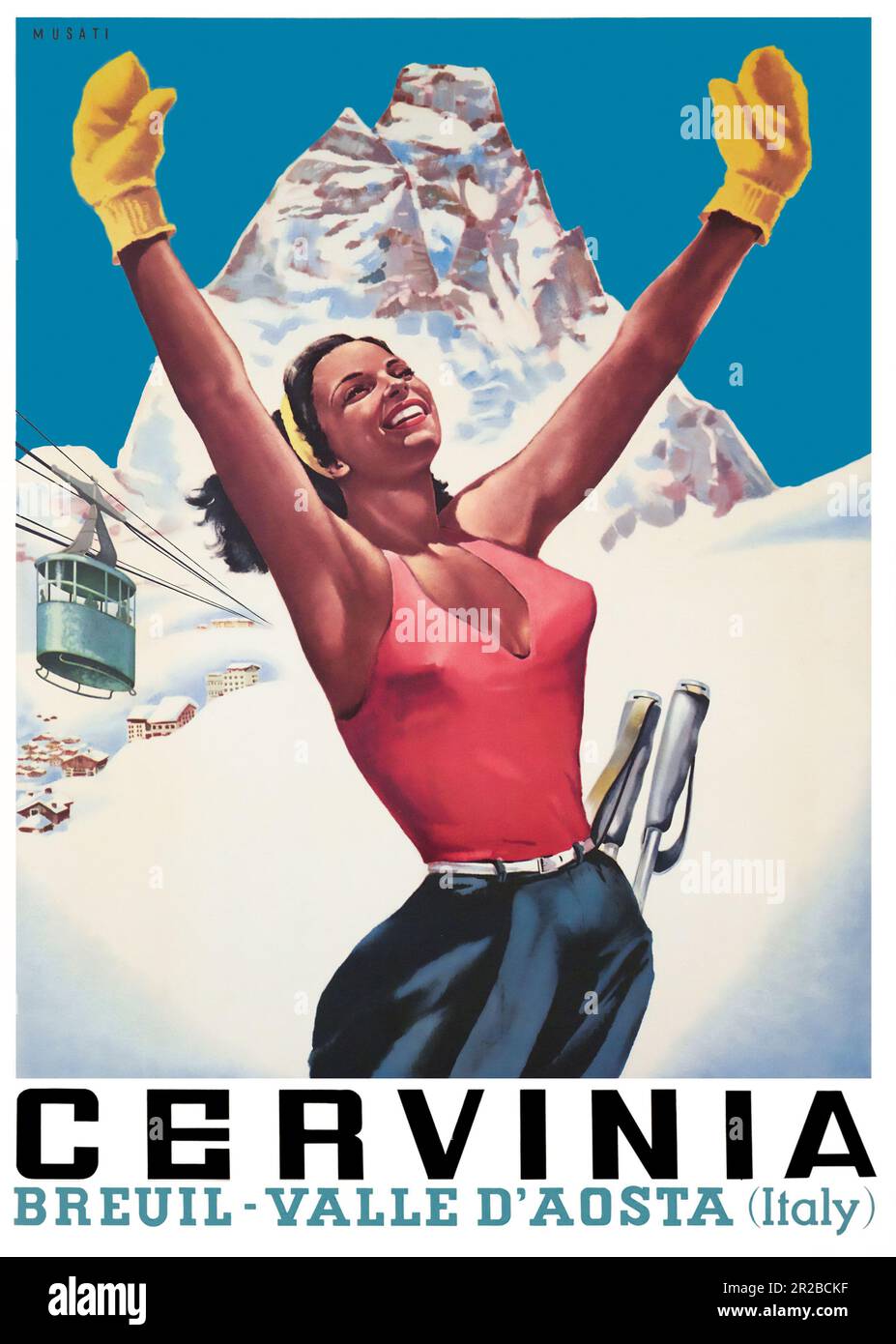 1950 Cervinia, Italien, Ski-Poster von Musati, die Frau vor dem Matterhorn zeigt Stockfoto