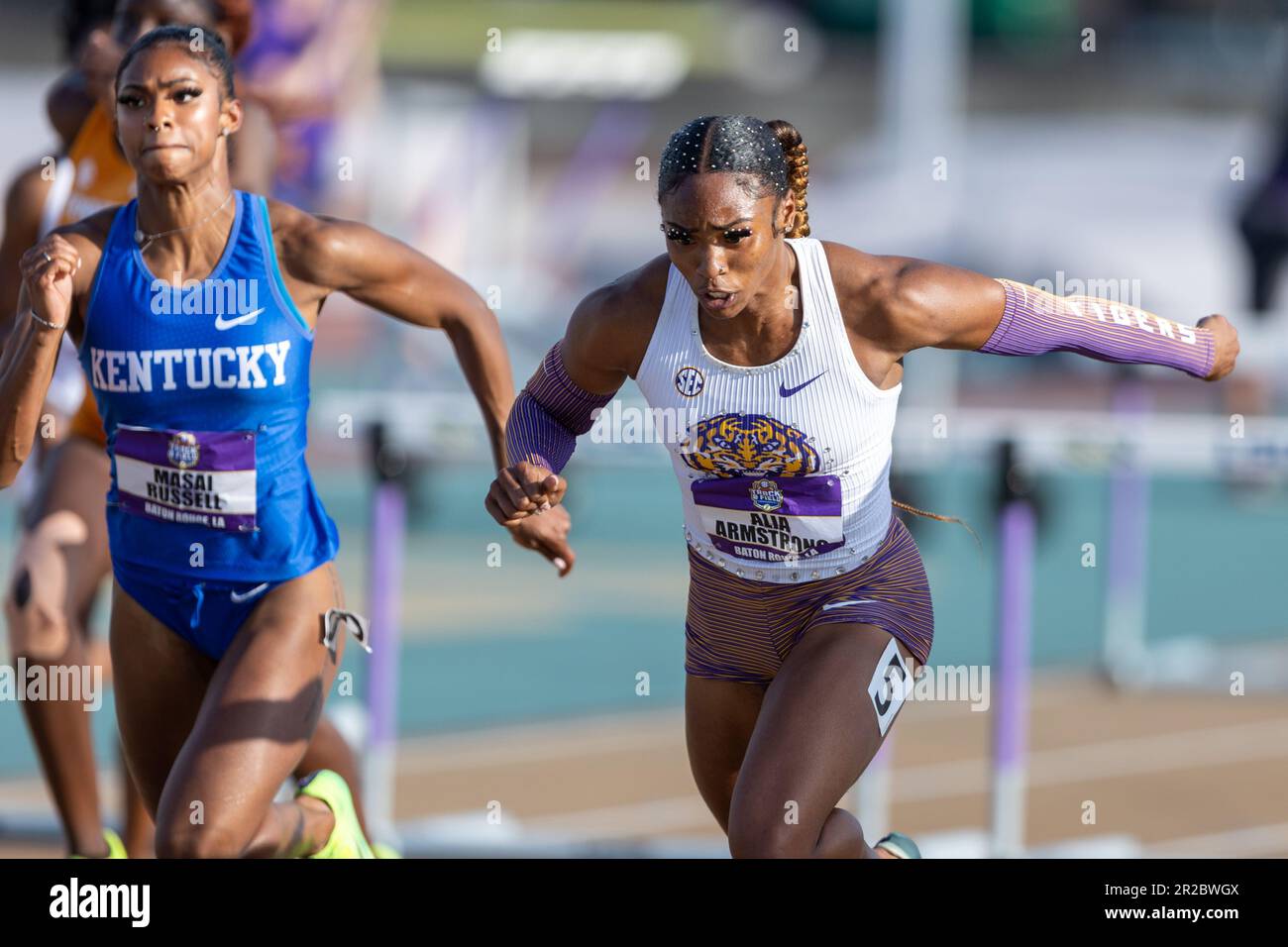 LSU-Sprinter Alia Armstrong gewinnt die 100 Meter langen Hürden während der 2023 Southeastern Conference Track and Field Championships, Samstag, 13. Mai 2023, Stockfoto