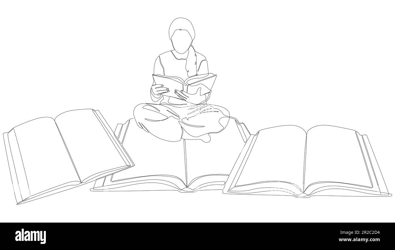 Eine fortlaufende Zeile Buch mit Mädchenlesung. Bildungs- und Vektorkonzept für dünne Linien. Kontur Zeichnen kreativer Ideen. Stock Vektor