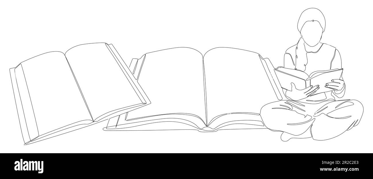 Eine fortlaufende Zeile Buch mit Mädchenlesung. Bildungs- und Vektorkonzept für dünne Linien. Kontur Zeichnen kreativer Ideen. Stock Vektor