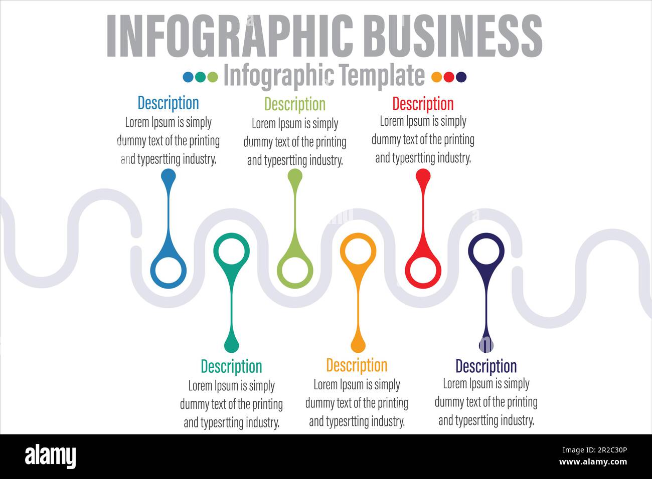 6 Schritte oder sechs 6-Optionen Vektor Infografik Vorlage Geschäftskonzept mit Optionen. Kreise für Inhalt, Flussdiagramm, Diagramm, Schritte, Diagramm beschriften Workfl Stock Vektor