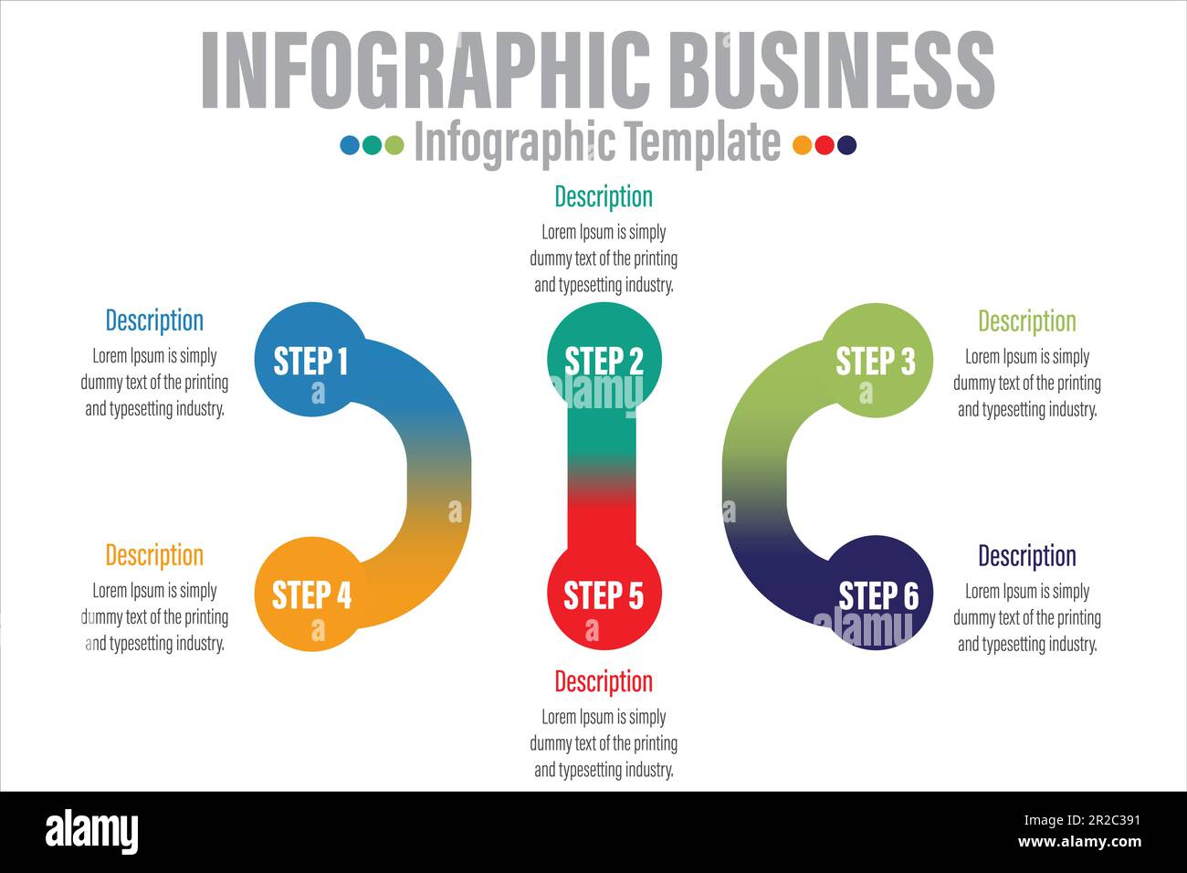 Farbenfrohe Illustration, Medien, soziale Inhalte, Technologie, Video, Symbole Infografik Designvorlage. Kreatives Konzept mit sechs 6 Schritten Stock Vektor