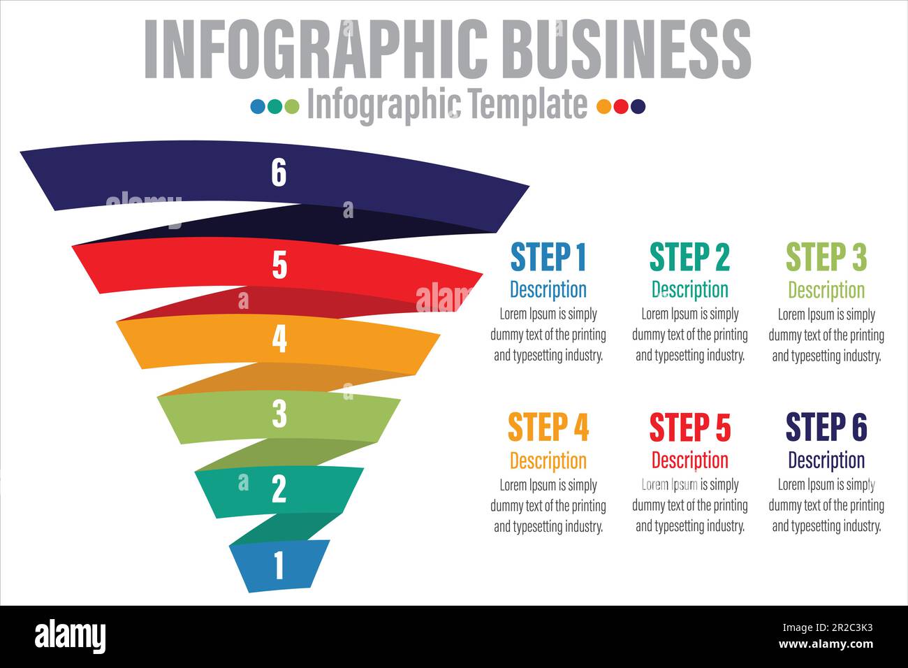 Vorlage für Infografiken des Trichters. Sechs 6-Schritte, sechs 6-Optionen oder -Ebenen Trichter. Design-Elemente für Marketing, Vertrieb und Business-Infografik. Farbenfroher Vektor Stock Vektor
