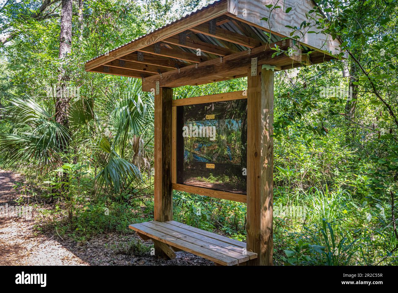Naturkunstwerke und überdachte Wanderbank (Eagle Scout Project) entlang des gesunden West Orange Boardwalk Trail im Oakland Nature Preserve, FL. Stockfoto