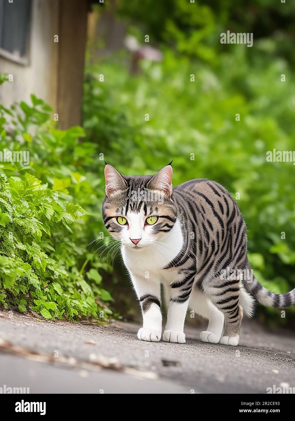 Internationaler Katzentag am 8. August süße Katze Nahaufnahme posieren Sitzen, laufen, stehen streunende Gefahr Katze, Tierschutz, Tierfutter essen Stockfoto