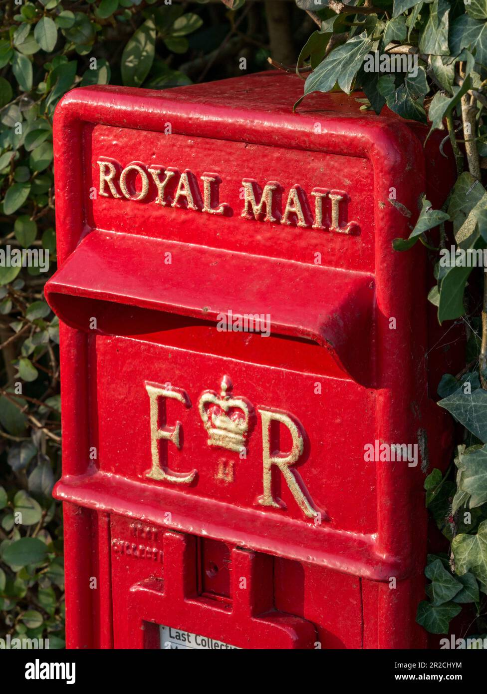 Frisch gestrichener, hellroter Postkasten Royal Mail mit goldenen Buchstaben, die die EIIR Royal Cipher von Queen Elizabeth II in Ivy Hedgerow, England, zeigen Stockfoto