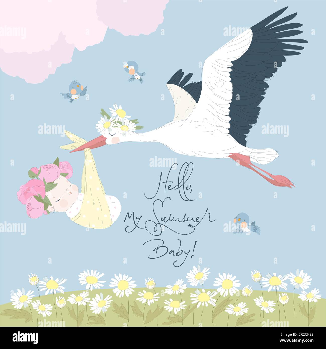 Storch fliegt im Himmel mit Baby über der Chamomile Meadow Stock
