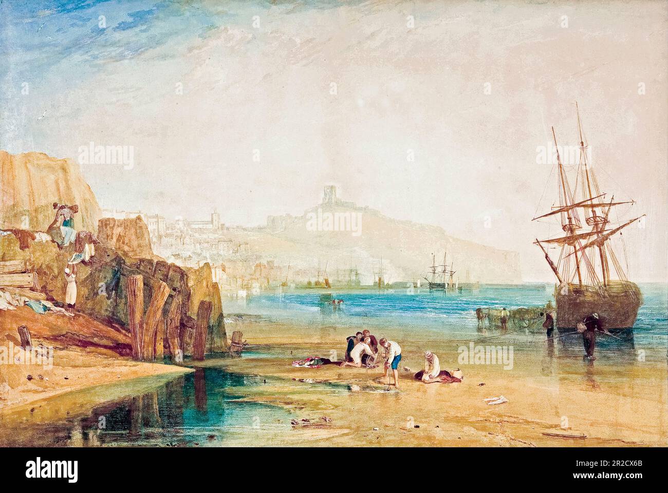 Scarborough Stadt und Schloss, Morgen, Jungs fangen Krabben, Landschaftsmalerei von JMW Turner, ca. 1810 Stockfoto