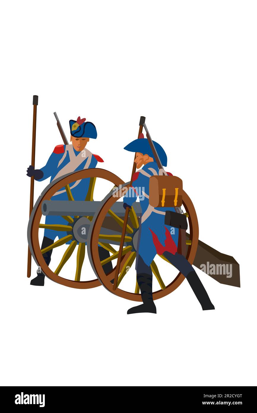 Zwei Soldaten aus historischen Kriegen in Europa oder Amerika, die eine handgezeichnete Kanone im Cartoon-Stil schießen Stockfoto