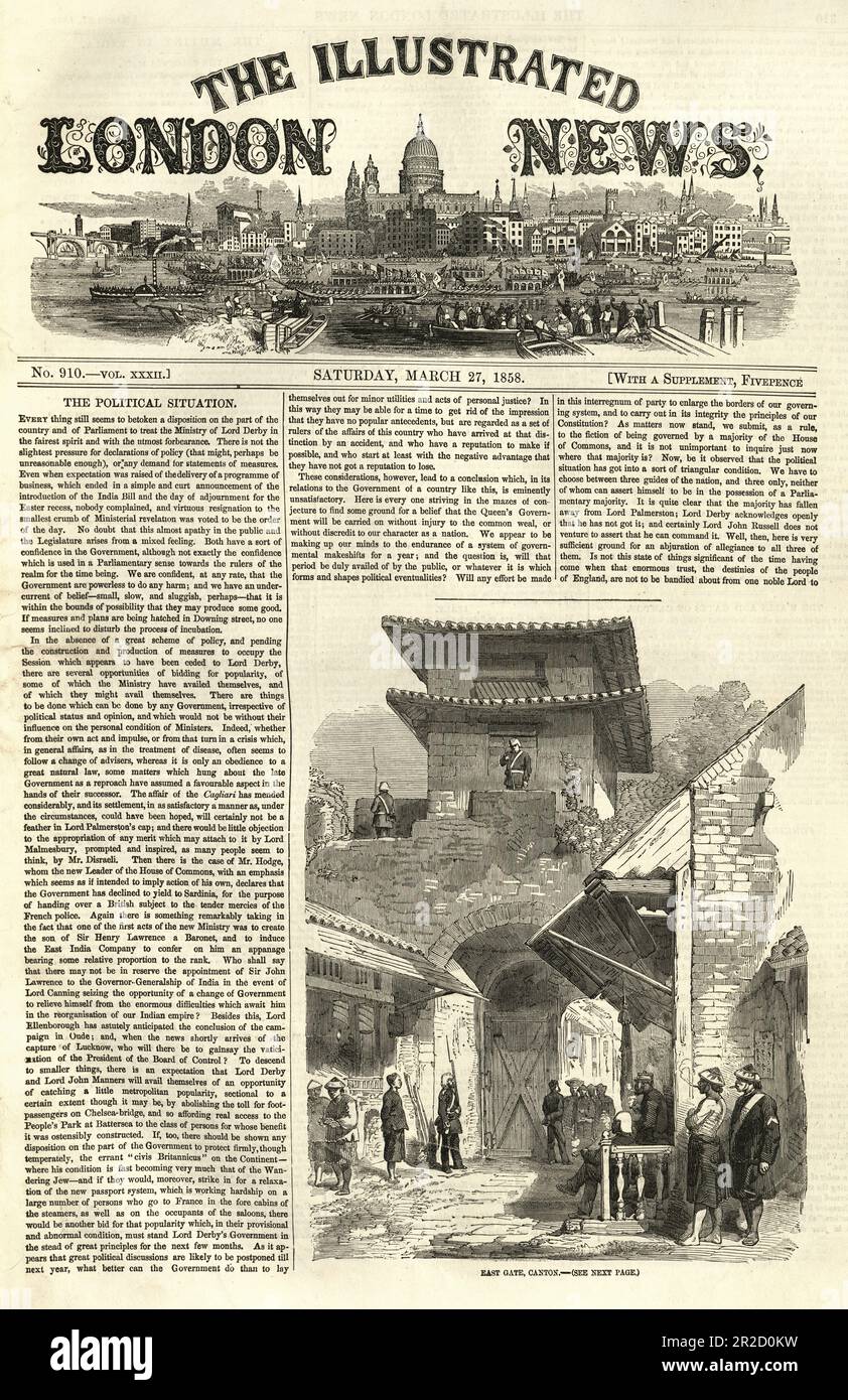 Das alte London illustrierte britische Zeitungssoldaten, die während des Zweiten Opiumkriegs das Osttor von Canton in China bewachten Stockfoto