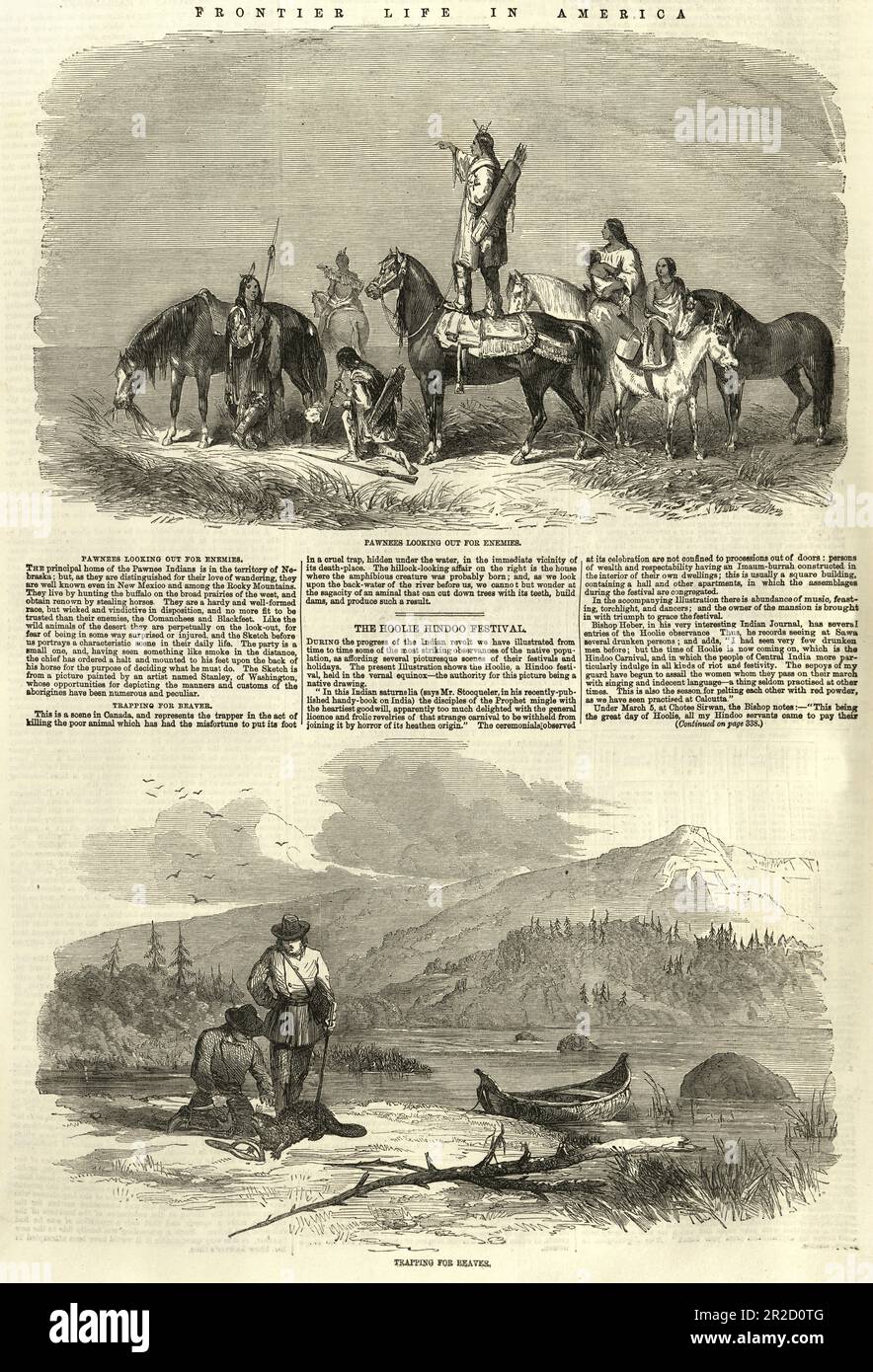 Scenes of Frontier Life in America, 1850er, Zeitungsseite des 19. Jahrhunderts, Pawnees ureinwohner, die nach Feinden Ausschau halten, Biber fangen Stockfoto